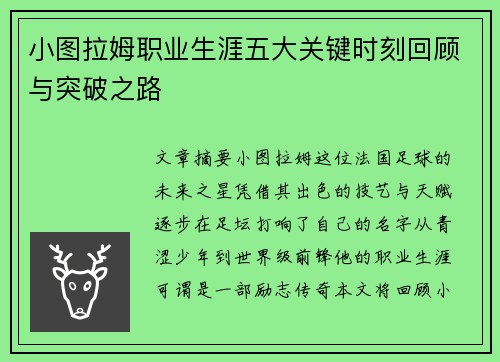 小图拉姆职业生涯五大关键时刻回顾与突破之路